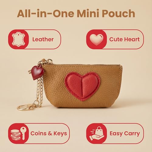 Red Heart Design Small Coin Purse - Cute Compact Keychain Change Purse Soft Leather Wallet with Zipper for Women (Brown) - color: Brown