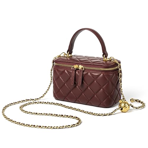 DORIS&JACKY Small Quilted Box Crossbody Purse For Women, Designer Lambskin Leather Mini Top Handle Tote Bag With Chain Strap - color: 5-wine Red