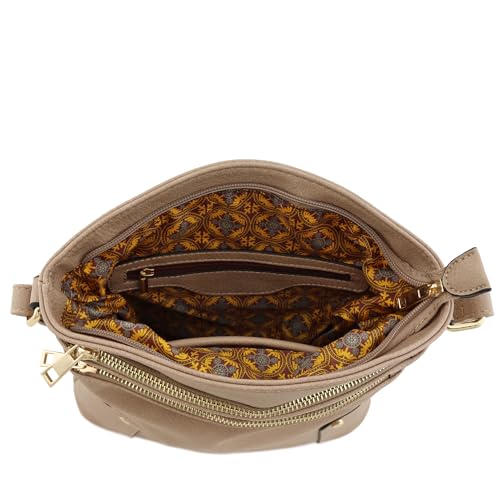ALYSSA Triple Zip Pocket Large Crossbody Bag - color: Sand