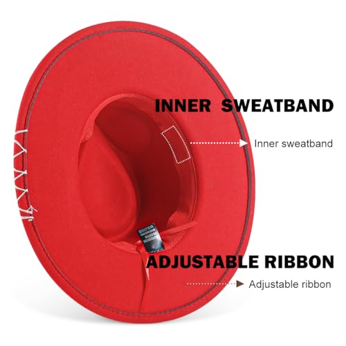 Womens Boho Fedora Hat Wide Brim Fedora Mens Handmade Flat Brim Hats - color: Red