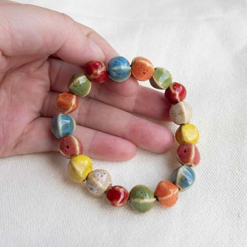 Handmade Multi-Color Faceted Ceramic Beads Bracelet for Women, Boho Stretch Bracelet with Oval Colorful Glazed Beads, Adjustable Bohemian Jewelry Gift for Mom Wife - color: colorful