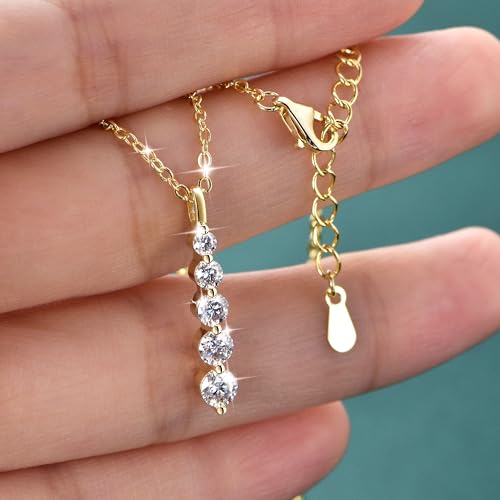 Moissanite Drop Pendant Necklace for Women, 0.92 CT 14K Gold Filled 5-Stone Round Pendant, Trendy Jewelry Gift for Wife Mother Birthday Anniversary Valentines Wedding - color: Gold