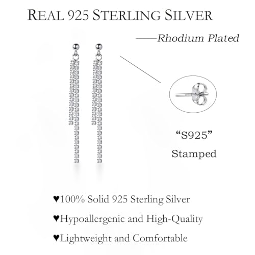 SLUYNZ 925 Sterling Silver Simulated Diamond Drop Earrings Linear Dangle Earrings for Women Teens Eelgant Wedding Bridal Prom Earrings Dainty CZ Long Dangling Earrings Tassel 4.5 cm/7.5 cm - color: A-Silver-4.5cm