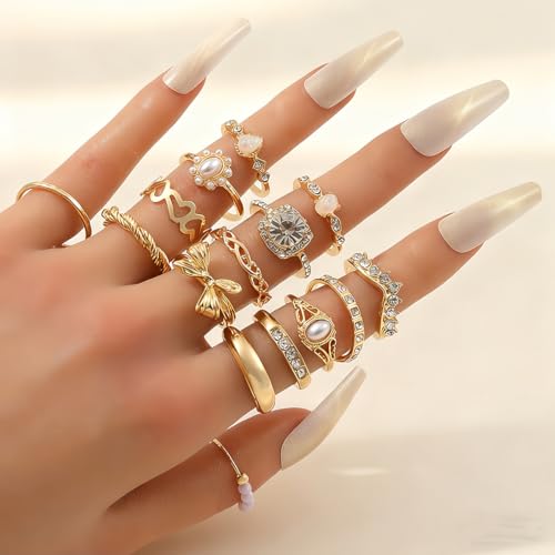 GYRMMUE Gold Rings Set Stackable Cubic Zirconia Knuckle Rings Irregular Geometric Ring Sparkle Star Moon Butterfly Rhinestone Rings Set Vintage Boho Joint Finger Midi Ring for Women - color: Gold2