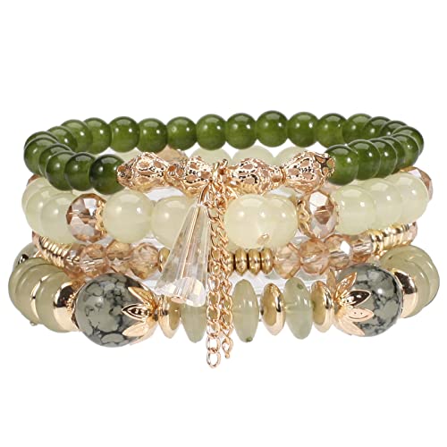Caiyao 4Pcs Bohemia Multilayer Stackable Beaded Bracelets Set Colorful Crystal Stone Gold Beaded Stretch Bracelets Hawaii Charm Bracelet for Women Men Summer Beach Boho Vacation Jewelry Gifts - color: Green