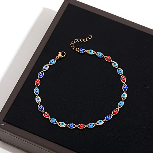 SLOONG Evil Eye Beaded Anklet Bracelets for Women, 14K Gold Plated Ankle Bracelet Jewelry Beach Beads Anklet Set Ankle Bracelets for Women - color: Red & Blue