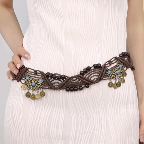 Women Braided Waist Belt Boho Woven Belt with Wooden Beads and Ring Clasp Vintage Long Tassel Rope Tie Belt for Dress - color: Brown 1