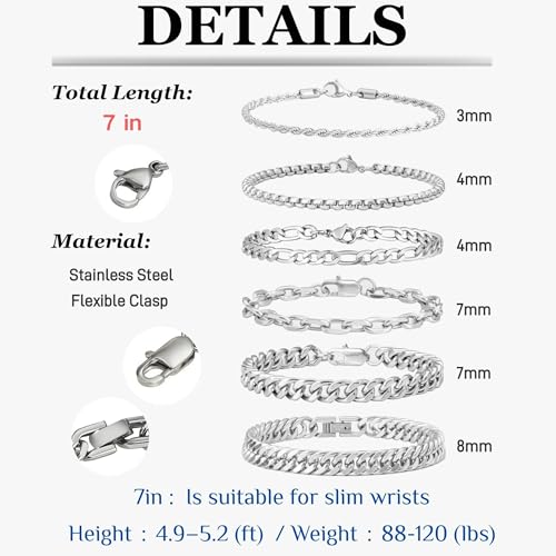 XIANNVXI 6pcs Bracelets for Men Gifts for Him Stainless Steel Bracelet Silver/Gold/Black Cuban Link Rope Paperclip Chain Bracelets Set 6.5/7/7.5/8.3/9 Inches Metal Bracelet Mens Fashion Accessories Jewelry Gifts Set - color: Silver, size: 7 in-Women Small