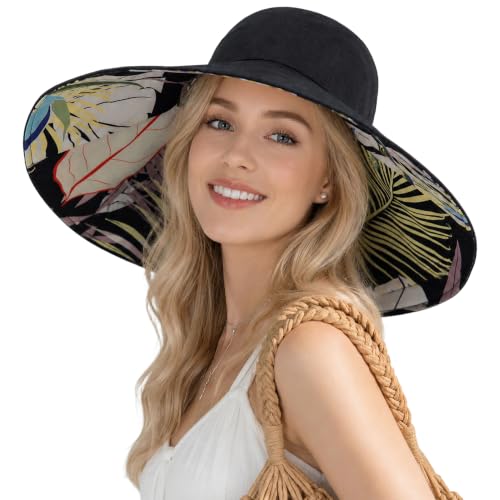 HUAMULAN Women Summer Sun Hat Wide Brim Wired Edge Floral Beach Bucket Hats Reversible Foldable Travel UV Protection Lady Hat - color: Bg8240-black