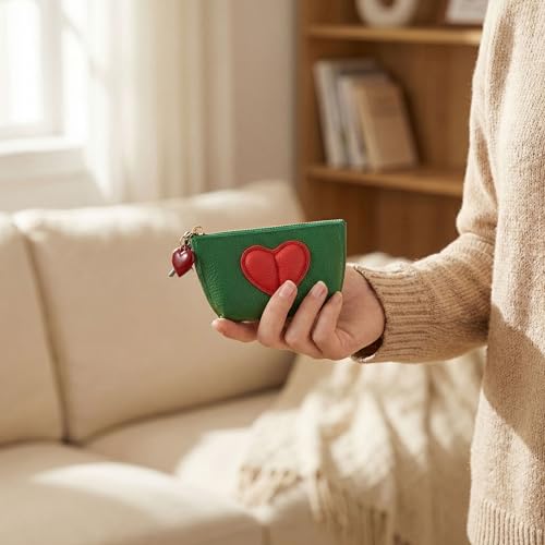 Red Heart Design Small Coin Purse - Cute Compact Keychain Change Purse Soft Leather Wallet with Zipper for Women (Green) - color: Green