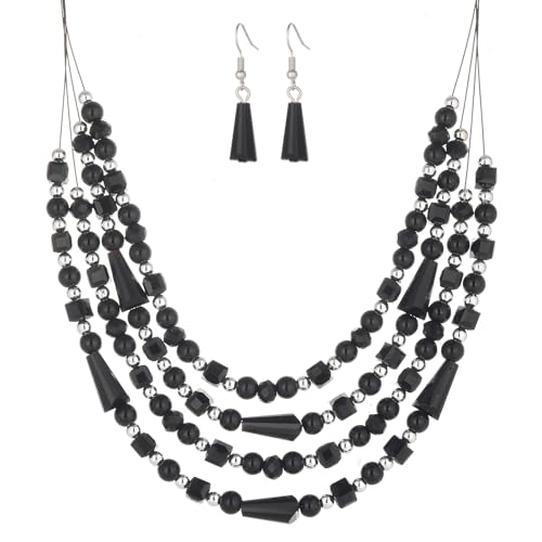 Errally Layered Beaded Statement Necklace Multi Strand Crystal Beads Collar Necklace and Earring Sets for Women Fashion Costume Jewelry Set Gifts for Her - color: Black