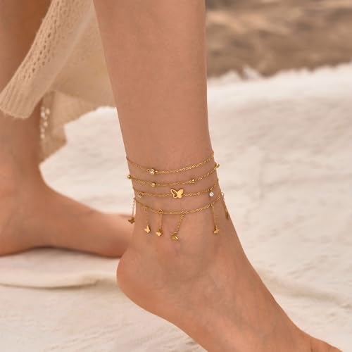 LOFITOR Ankle Bracelets for Women Glitter Waterproof Adjustable Anklet Set for Women 18K Gold Plated Silver Charm Dainty Layered Anklets, Summer Beach Anklet Jewelry for Women - style: Butterfly Silver