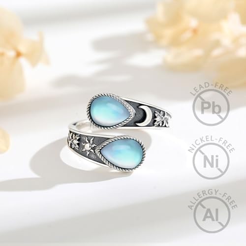 Vito 925 Sterling Silver Adjustable Open Spoon Ring for Women Men, Lotus Sunflower Snake Spoon Band Rings Feather Hug Witches Knot Inspirational Jewelry Gift for Wife - style: Lotus Moonstone