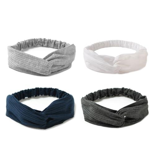 AQOKKA Elastic Knotted Headbands for Women Cloth Head Hair Bands for Women's Hair Non Slip Boho Wrap Twisted Hair Accessories - color: 4 Pack Cross Ribbing : Navy, Light Grey, White, Dark Grey