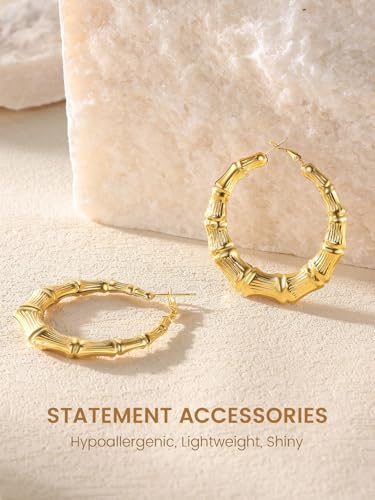 KeyStyle Bamboo Hoop Earrings for Women, Stainless Steel 90s Hoops Earring Lightweight Loops for Party, 2 mm Thick Hypoallergenic Vintage Circle Endless Thin Hoop (40mm, 60mm, 80mm,) - color: 14K Plated Gold-40mm