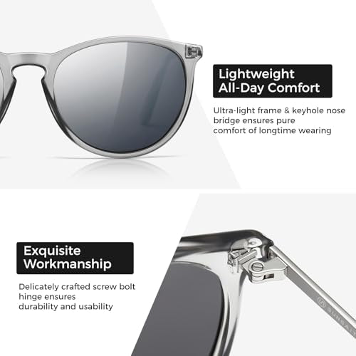 SUNGAIT Premium Vintage Round Sunglasses for Women Men Classic Retro Trendy Style - color: 09 Polarized Silver Mirrored Lens/Transparent Gray Frame
