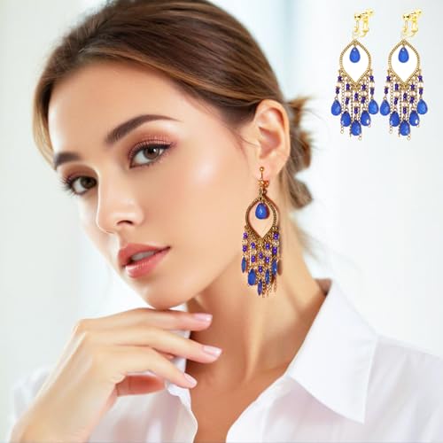 Clip on Tassel Dangle Earrings for Boho Women, Non Pierced, Colorful Feather Handmade Beads Fashion Vintage Fringe Jewelry for Parties Weddings Festivals Trendy Statement Earrings for Bohemian - color: Blue B