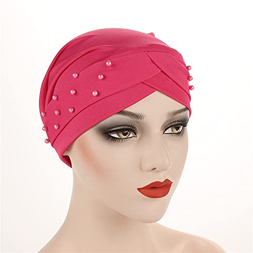 Women Beaded Silky Beanie, Pre-Tied Turban Head Wrap Cap for Chemo Chemical Cancer Hair Loss Cover Hat - color: Rose Red