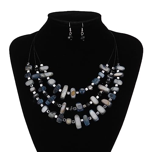 3 Layered Chunky Statement Necklace for Women Beaded Strand Necklaces with Earring Fashion Costumes Collar Necklace Jewelry Sets Gifts for Women - color: 50-Black