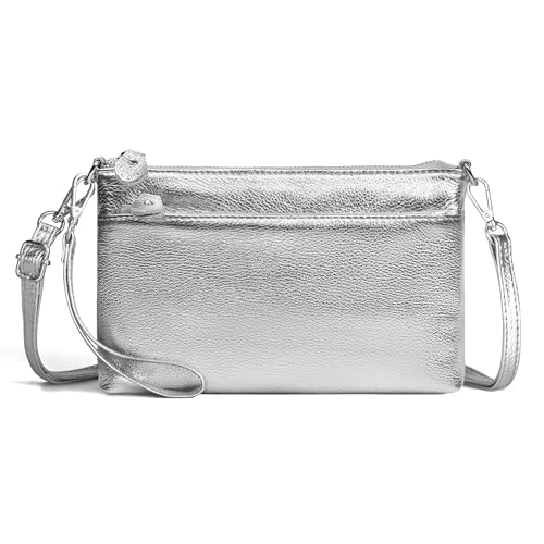 befen Genuine Leather Wristlet Clutch Wallet Purses with RFID Blocking, Small Crossbody Bags Shoulder Handbag for Women - color: Silver