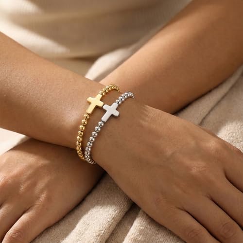 Matching Bracelets for Couple,Gold Silver Beaded Heart Couples Bracelets,Raomantic Relationship Promise Jewelry Gifts for Her - color: Cross