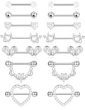 7 Pairs Nipple Rings for Women 14G Stainless Steel Pink CZ Heart Devil Acrylic Ball Straight Barbell Nipple Bars Tongue Rings Set Cute Nipplerings Piercing Jewelry Sliver Tone - color: White