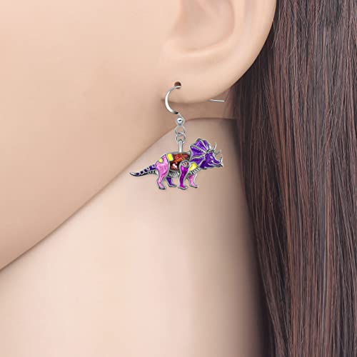 Enamel Alloy Dinosaur Fantasy Dragon Earrings Drop Dangle Unique Animal Jewelry For Women Dragons Gifts - color: Dinosaur Triceratops Violet