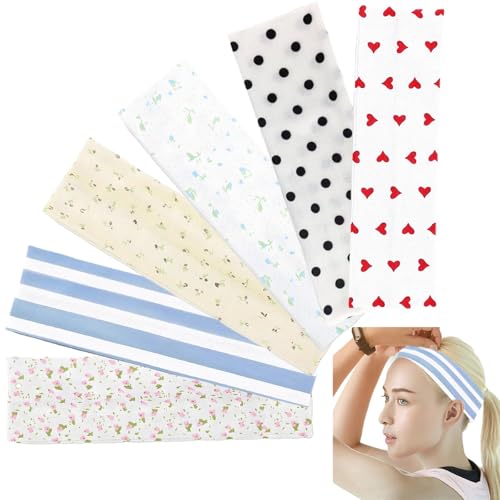 6 Pcs Anti-Slip Elastic Headbands for Women Soft Fabric Yoga Sweatbands with Floral Heart Print Stretchy, Sweat-Absorbent and Lightweight for Fitness, Running and Daily Wear - color: Headbands Color-Vivid