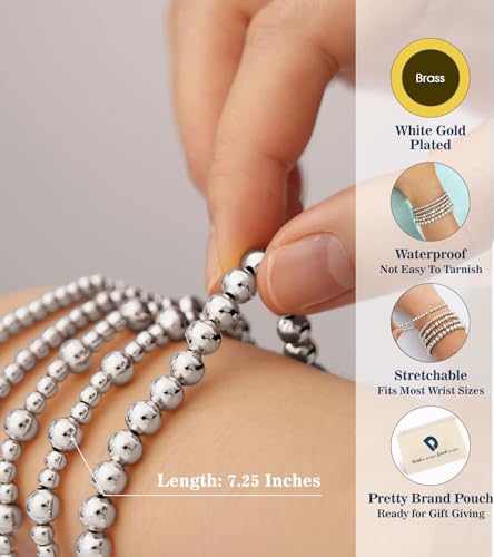 doubgood Gold Bracelets for Women, 5 Piece 14K Gold Plated Bracelet Stack Beaded Ball Jewelry Sets Gifts for Women - color: Style 1-Silver-7.25IN
