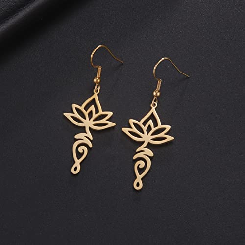 TEAMER Stainless Steel Lotus Flower Dangle Earrings Bohemian Drop Earring Unique Geometric Jewelry for Women - color: Lotus 5-Gold