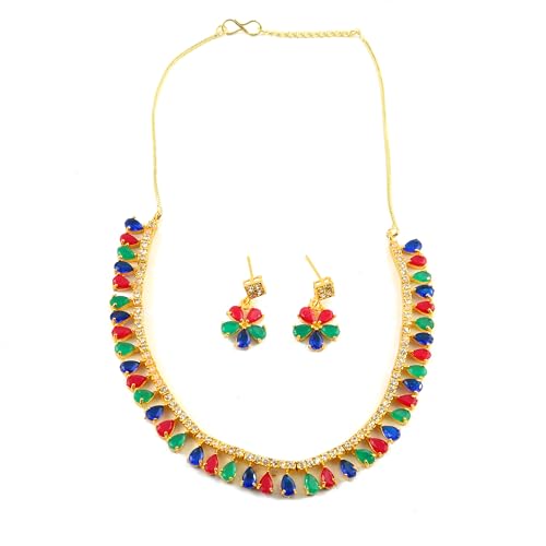 JewarHaat Indian Bollywood Necklace Set AD CZ Elegant Gold Plated Multi Stones Sparkling Crystals Choker with Earrings Fashion Jewellery for Women & Girls - color: Multicolor