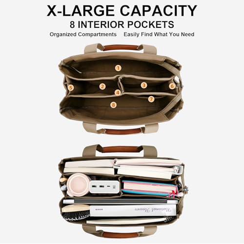 KKXIU Canvas Tote Bag for Women with Zipper and Compartments Crossbody Large Bible Messenger Purse Bag With Pockets | Canvas - color: Brown, size: Large