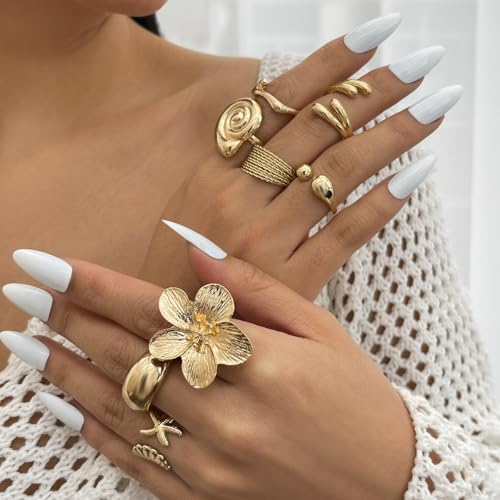Chunky Gold Rings for Women Non Tarnish Boho Stackable Rings Set Adjustable Open Joint Finger Midi Knuckle Ring Packs - color: Gold Chunky Starfish Rings 8Pcs