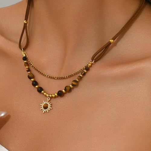 MYANAIL Tigers Eye Stone Sun Pendant Layered Necklaces for Women 14K Gold Maillard Tiger's Eye Beaded Choker Necklace Jewelry Accessory Spiritual Healing Stone Stacked Chain Necklaces - color: Brown