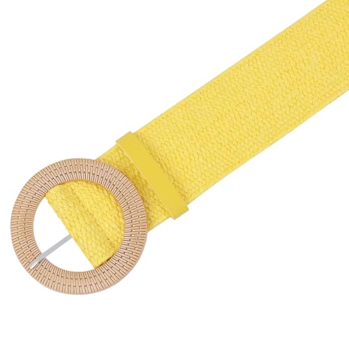 Women's Cotton and Linen Style Plastic Straw Braided Belt Circle Buckle for Dresses - color: Yellow