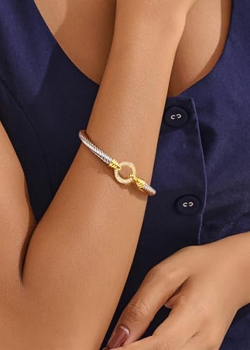 WOWORAMA Twisted Cable Wire Cuff Bracelets for Women Two Tone Gold Silver Cuff Bracelet Unisex Mixed Metal Bangle Bracelets Jewelry - color: Silver Circle