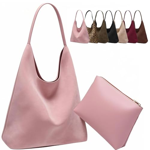 Large Work Tote Bags for Women, Boho Slouchy Suede Purses Handbags - color: Pink