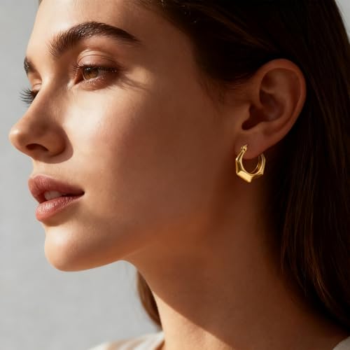 Hoop Earrings for Women 14K Gold Plated Thick Chunky Hoops Hypoallergenic Trendy Dainty Jewelry Gifts - style: Hexagon Hoop