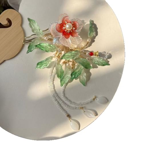 White Camellia Hairpin with Red Center & Ocean Wave Green Leaves - Elegant Tassel Hair Stick for Women, Chinese Hanfu Vintage Floral Hair Accessory for Special Occasions (Green Leaf Camellia) - color: Green Leaf Camellia