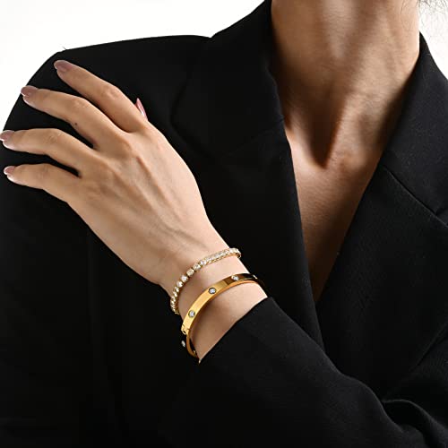 MPRAINBOW 2pcs 18K Gold Plated Chain Link Bracelet, Stainless Steel Crystal Friendship Bracelets Bangle,Watch Band Chains Wristband Jewelry with Adjust Tool - color: Gold Set - E