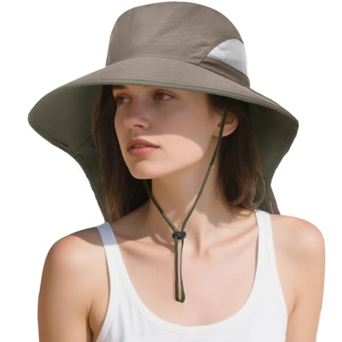 Womens Sun Hat Wide Brim UPF50+ Outdoor Sun Protection Ladies Fishing Hat with Neck Flap Detachable Face Cover - color: Light Green