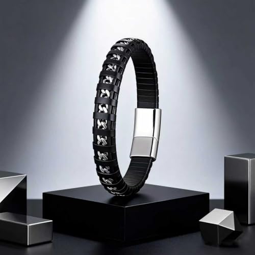 Men's Leather Bracelet, Stackable Stainless Steel Clasp Bracelets for Men Stylish Birthday, Thanksgiving, Valentine's Day Gift for My Man - style: 8.6" Embedded Cuban Chain