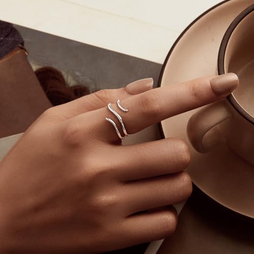 MUNDELL 925 Sterling Silver Simple Multi-layer Leaf Adjustable Ring Green Lucky Leaves Statement Ring for Women Promise Ring Fine Jewelry - color: Silver