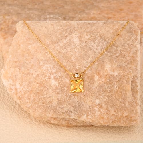 18K Gold-Plated Non Tarnish Birthstone Necklace for Women, 5A Princess Cut Cubic Zirconia Pendant, Birthday Anniversary Valentine's Gift, 18-20 Inches - color: 11-Nov-Golden Yellow