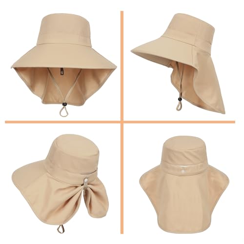 LA CARRIE Women Sun Hats Breathable Wide Brim UV Protection UPF 50+ with Neck Flap Hat for Summer Beach - color: Khaki