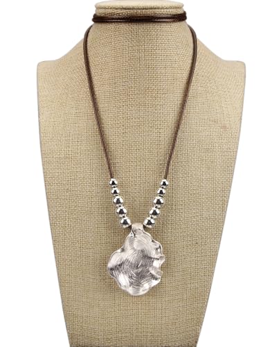Bohemian Women's Leather Long Pendant Necklace Sweater necklace Adjustable Retro Woven Handmade Jewelry - color: Silver Lotus Leaf