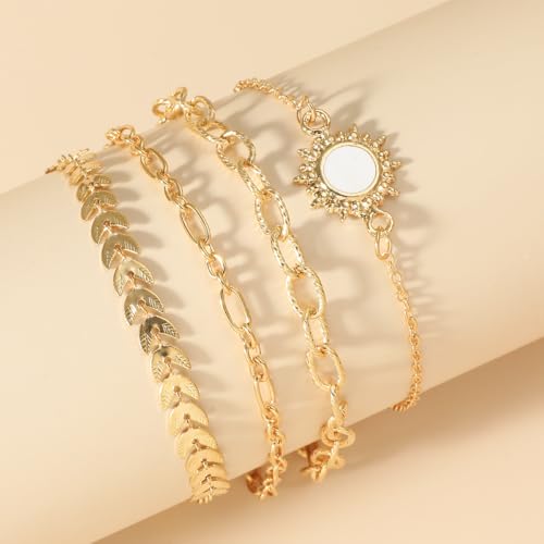 Alegend Titanium Steel (Not Rust, Resist Corruption, Easily Clean) 18K Gold Plated Single Bracelets + 14K Gold Plated Stackable Multilayer Bracelets - style: 14KGold + 4PCS F