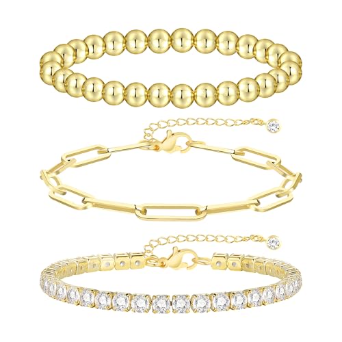 Gold Bracelets for Women, 14k Gold Plated Hand Chain Bracelet, 2 Pcs Ring Bracelets for Women Trendy Dainty Cubic Zirconia Bracelet Ring Bracelet Hand Jewelry Adjustable 6.3'+2' - style: CZ+bead -1