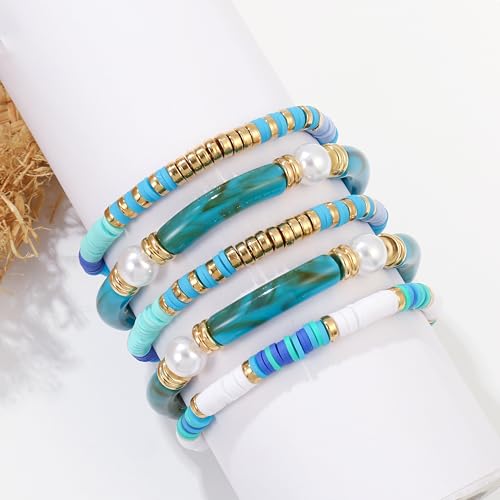Elegance 11 designs colorful bracelets for women Surfer Thick Tube Heishi Summer Beach Beaded Stackable Boho Stretch Bracelets - color: Resin Blue