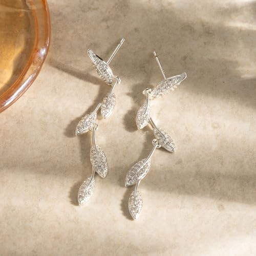 LLWOM 14K Gold/White Gold Plated CZ/Flower/North Star/Leaf Dangle Drop Earrings Studs for Women, Statement Earrings for Wedding Party Prom, Hypoallergenic Jewelry Gift - color: Silver Leaf